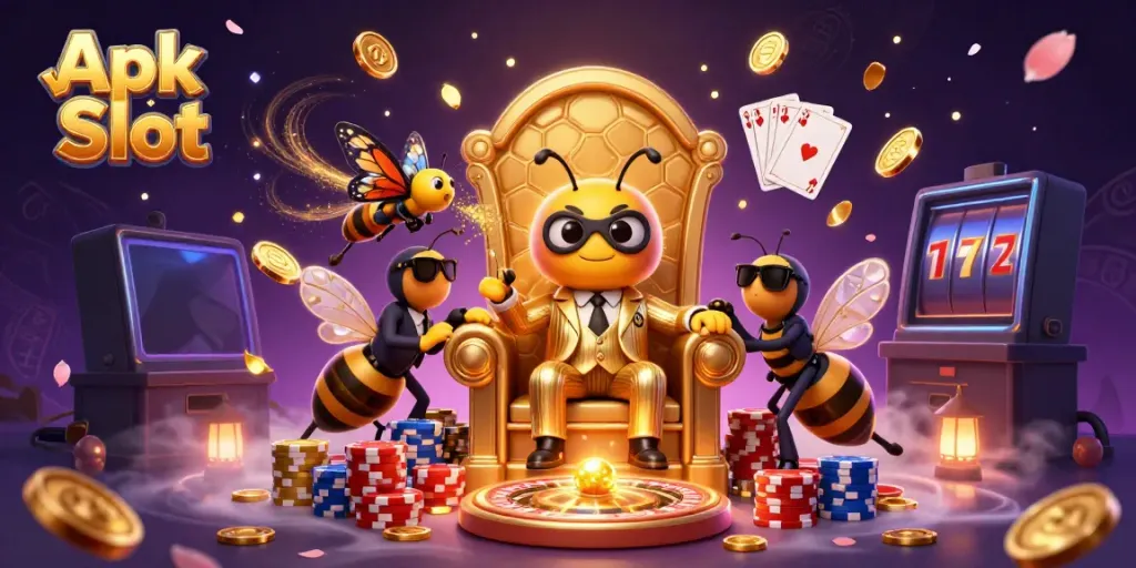 Menggulung Apk Slot dalam kasino virtual dengan simbol keberuntungan dan bintang yang bersinar