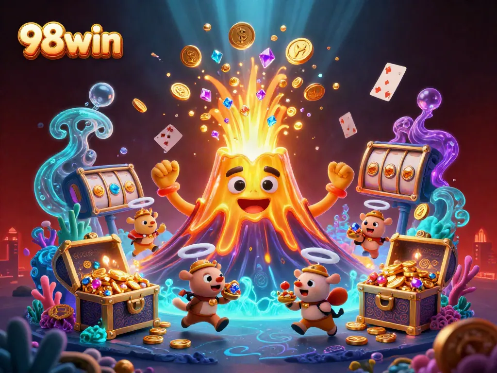 Experience thrilling gameplay with the 98win volcano erupting gold coins and treasure in a vibrant casino environment.