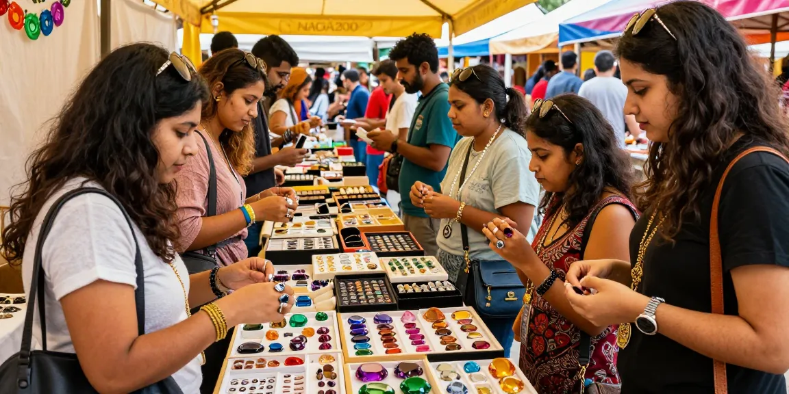 Customers exploring quality gemstones at NAGA2000, showcasing top gems from https://www.mygemspot.com in a vibrant market.
