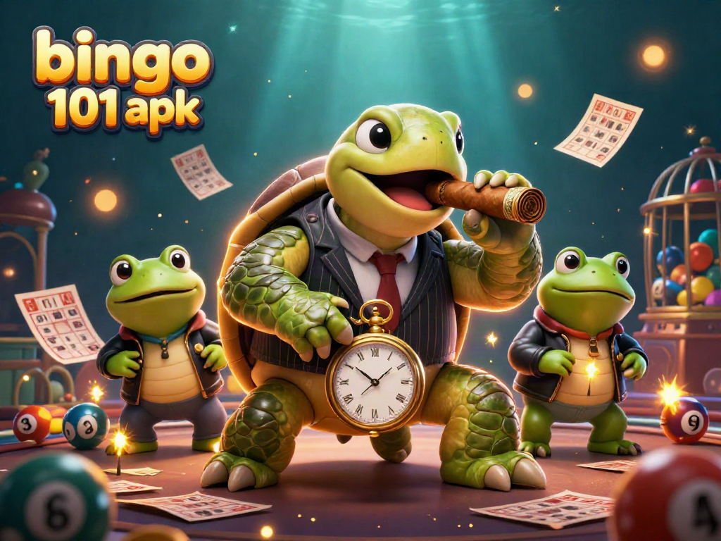 Pemain Bingo 101 APK menggunakan kartu bingo dengan suasana penuh cahaya berkilau dan kebahagiaan.