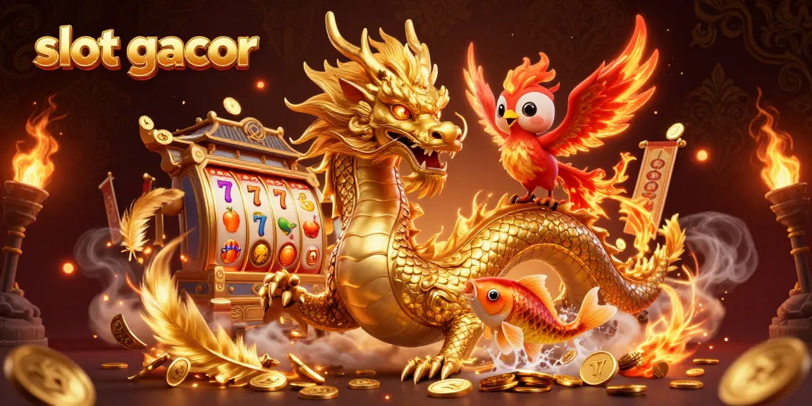 Menangkan slot gacor dengan ilustrasi 3D naga emas dan phoenix meriah penuh koin dan jackpot.