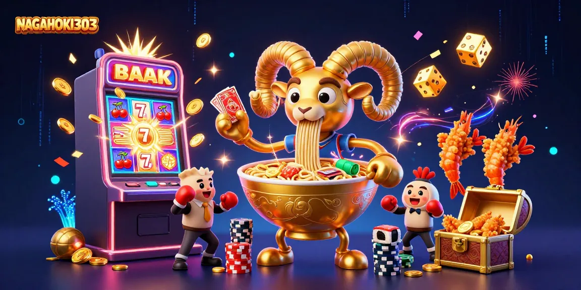 Gamer dengan NAGAHOKI303 mengalahkan jackpot slot dengan karakter ceria dalam ilustrasi 3D yang penuh warna.
