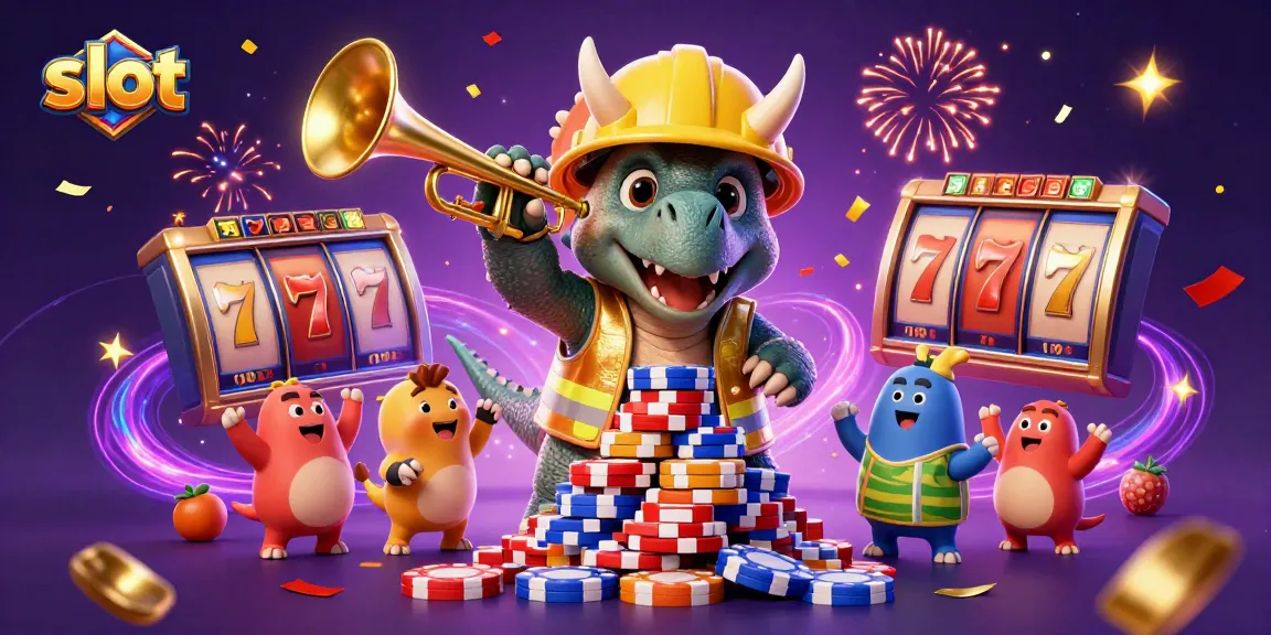 Slot gacor dengan triceratops dan parasaurolophus merayakan jackpot dalam suasana kasino.
