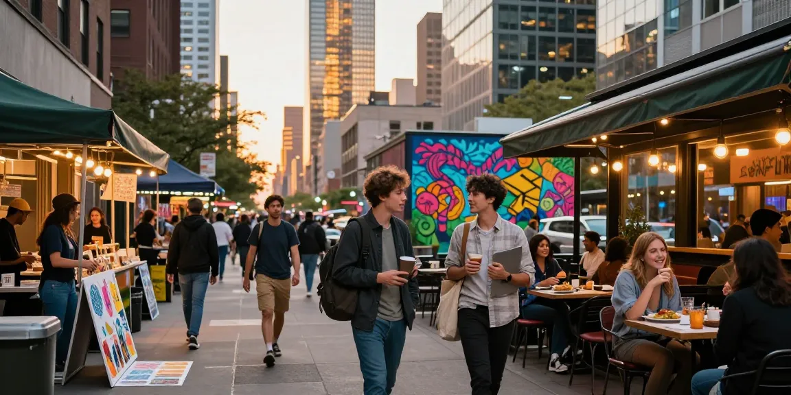 https://miami4d.com/ suasana kota urban yang dinamis dengan orang-orang berinteraksi di kafe luar ruangan.