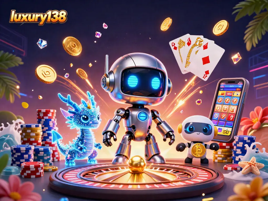 Engage with luxury138's vibrant casino scene featuring a cyberpunk robot, AI dragon, and dynamic gaming elements.