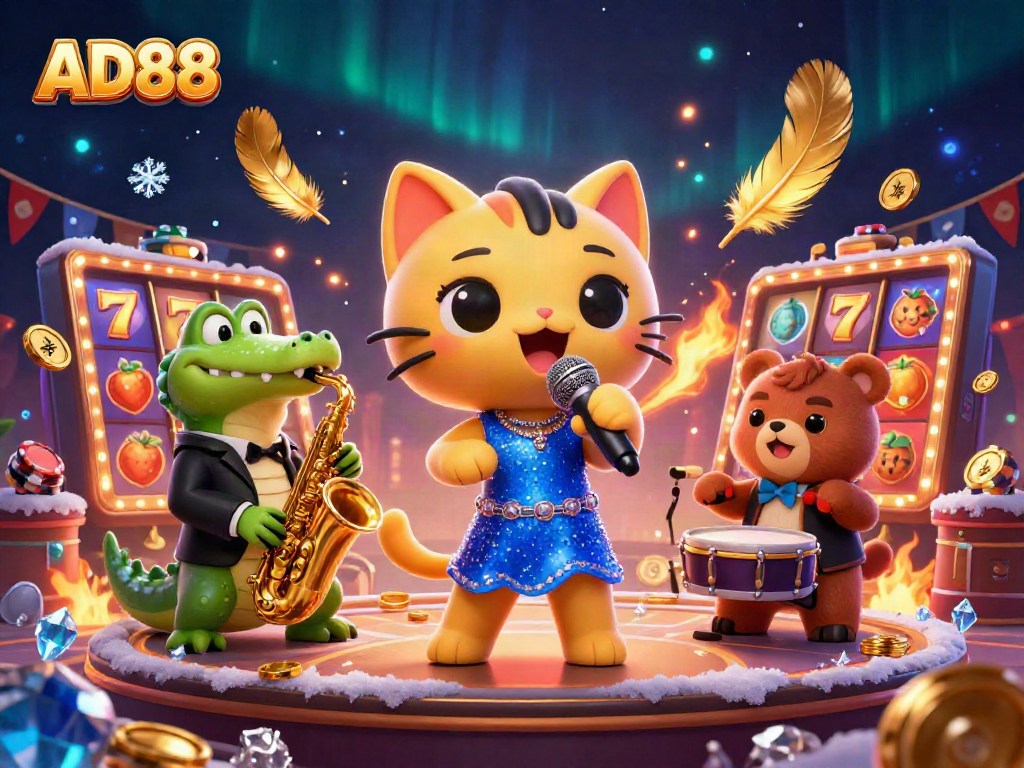 Experience the excitement at AD88 with vibrant characters and spinning slot reels in a lively casino scene.