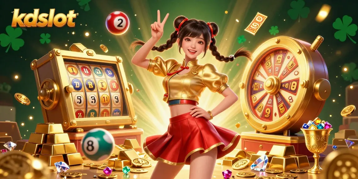 Celebrate big wins at kdslot with vibrant slot reels, colorful lottery balls, and treasure vault elements.