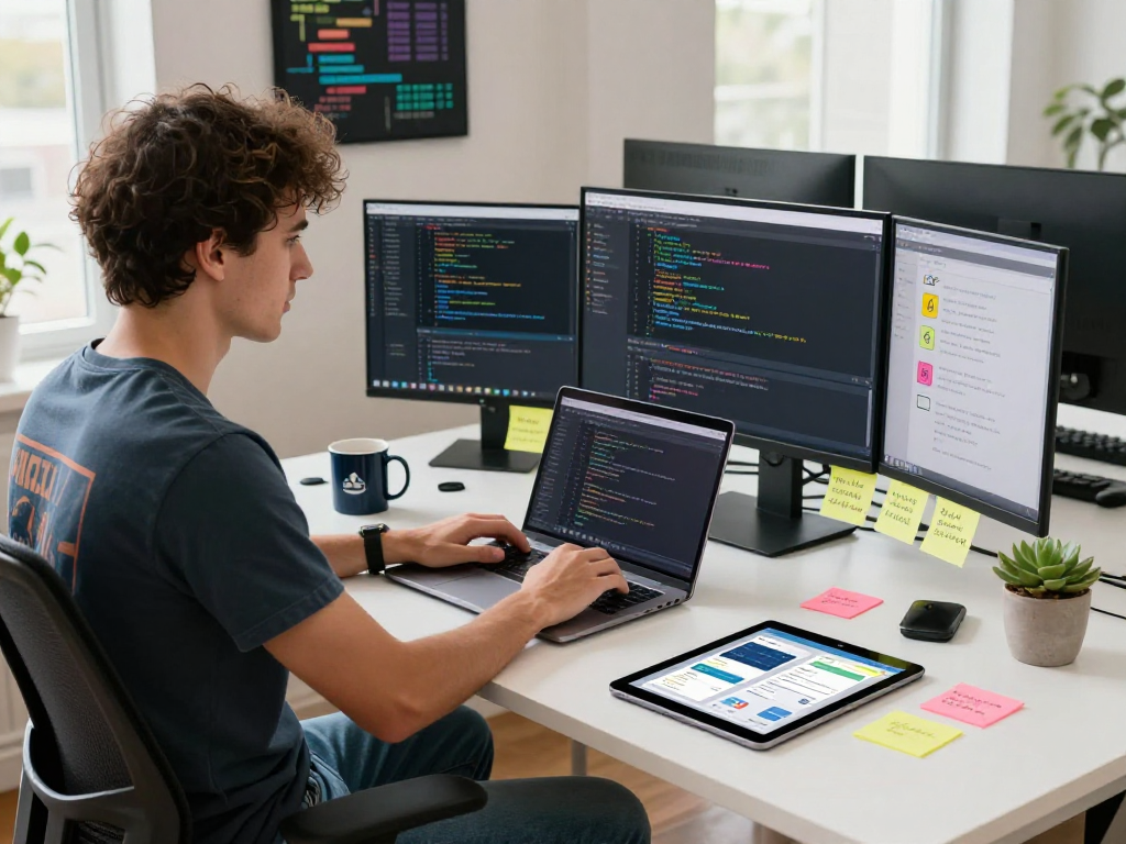 Creative workspace with a website developer near me coding on a laptop amidst programming notes and vibrant decor.