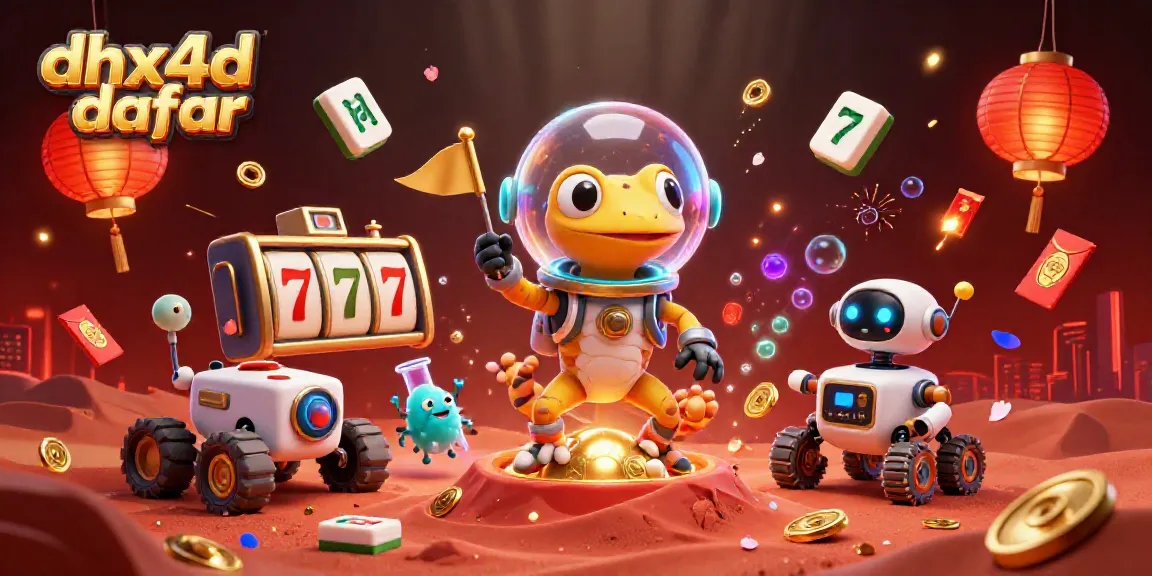 Gambarlah skenario penuh warna dengan karakter gecko Martian dan robot menjelajahi kasino emas dengan permainan slot dan lampion berbinar, dhx4d daftar.