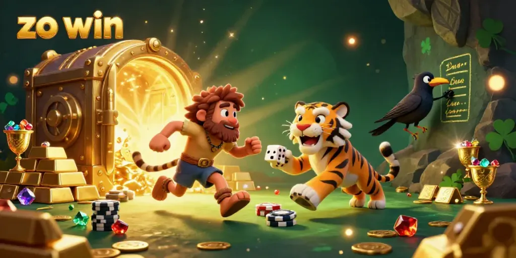 Experience the thrilling casino world of zo win with cartoon caveman and sabertooth tiger at a prehistoric gaming table.