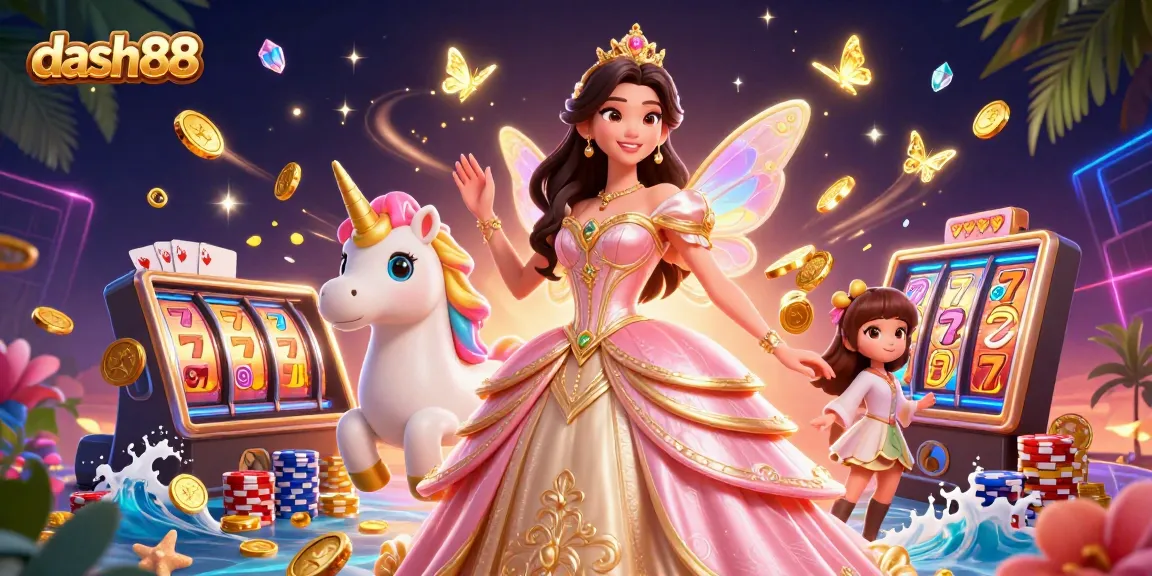 Spin the reels of dash88's vibrant slot games with cascading golden coins and lucky symbols.