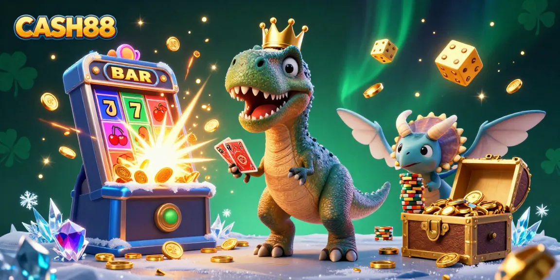 CASH88 brings excitement with cartoon dinosaurs in a vibrant casino setting as they shuffle cards and stack chips.