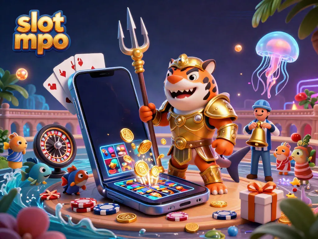 Engage with the vibrant action of slot mpo in this lively underwater colosseum scene featuring a golden tiger shark.