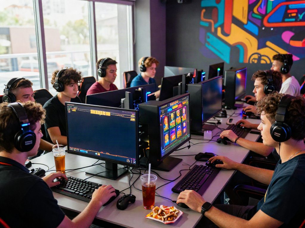 Friends enjoying a competitive atmosphere while playing slot gacor games in a vibrant gaming lounge.
