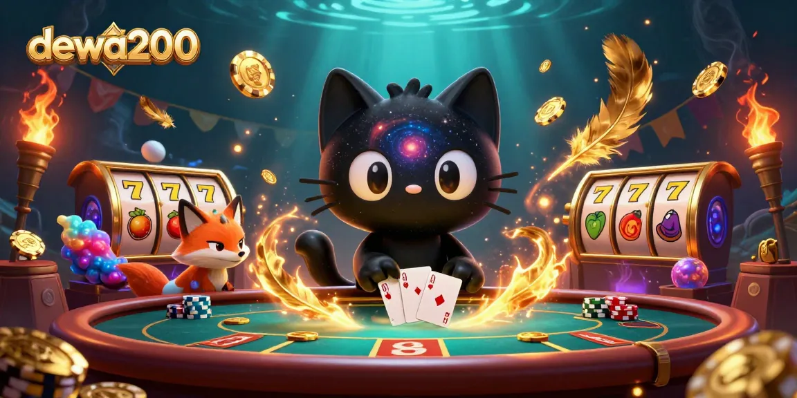 Gambarlah pengalaman kasino memikat dengan dewa200 dan kucing hitam berputar menarik chip emas.