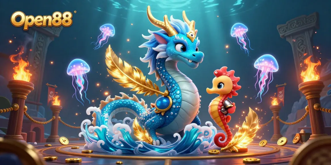 Engage in thrilling gaming at Open88 with vibrant underwater elements and a majestic dragon amidst dynamic casino-themed visuals.