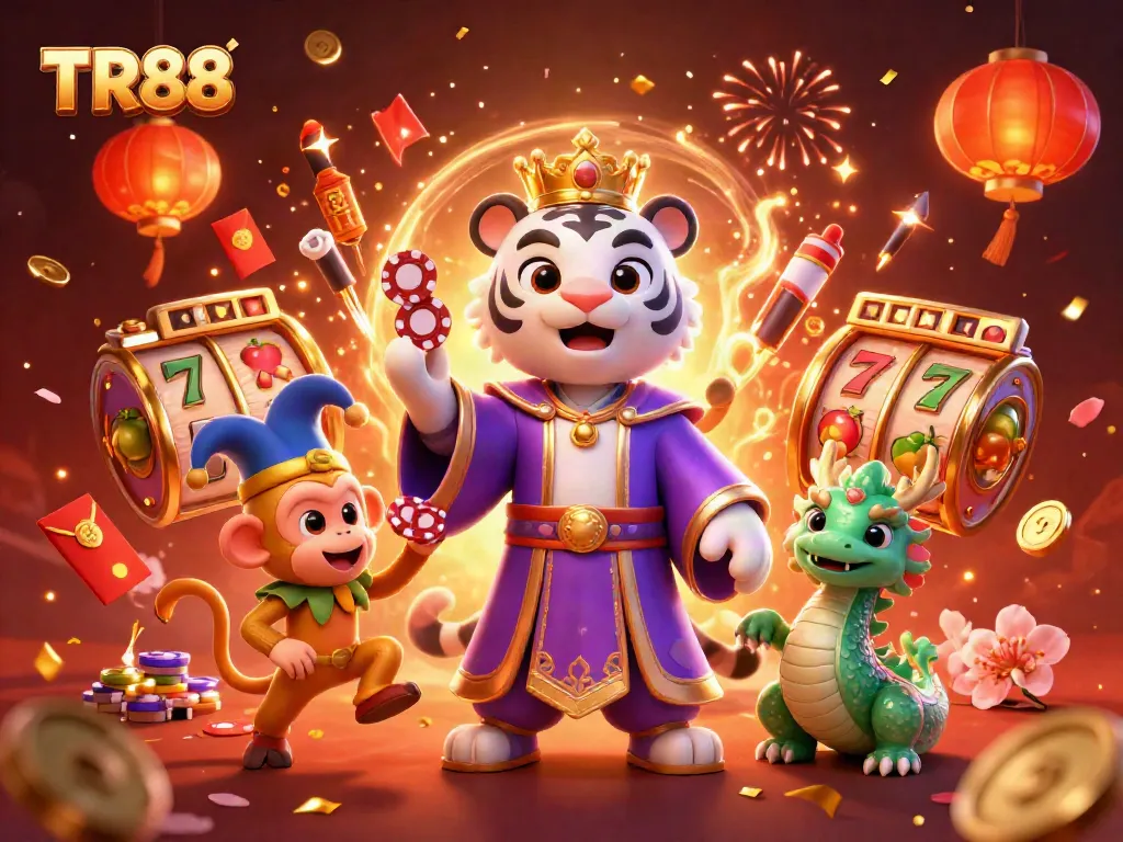 Engage with the TR88 gaming experience showcasing vibrant characters and slot machines amid celebratory effects.
