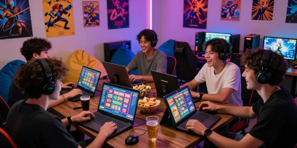 Friends playing slot888 games on laptops in a vibrant gaming room filled with snacks and LED lights.