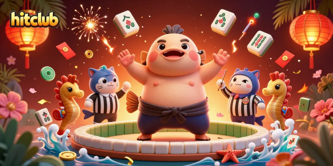 Hitclub showcases a vibrant 3D illustration of a fugu in a sumo ring, celebrating unique underwater gaming.