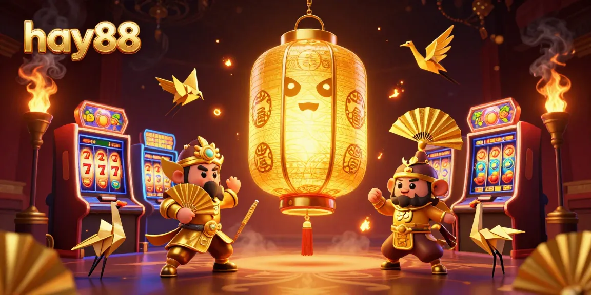 Win big with hay88's vibrant slots featuring lucky symbols and golden characters in an immersive casino scene.