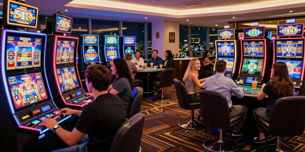 Enjoying the excitement of 513 Slots at a vibrant casino atmosphere with friends.