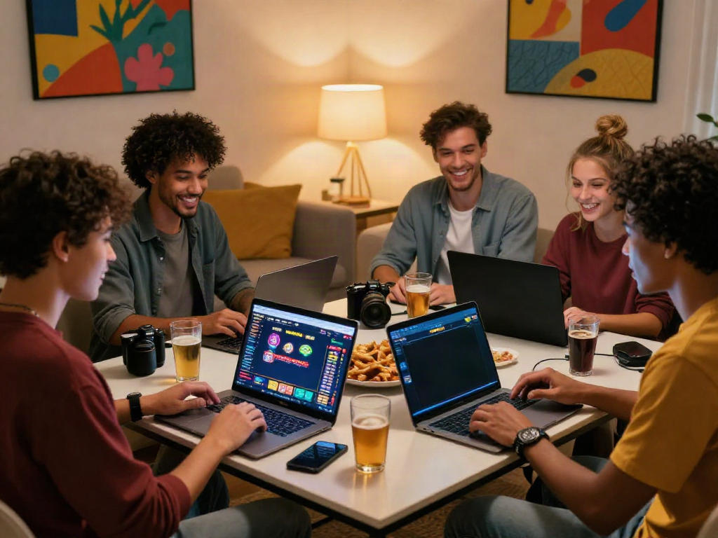 Friends interacting with akunjp online slot games in a cozy living room.