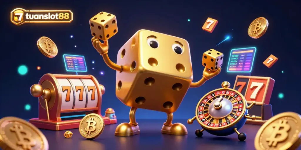 Menangkan jackpot dengan permainan slot di tuanslot88, menampilkan elemen kasino dan energi warna-warna cerah.