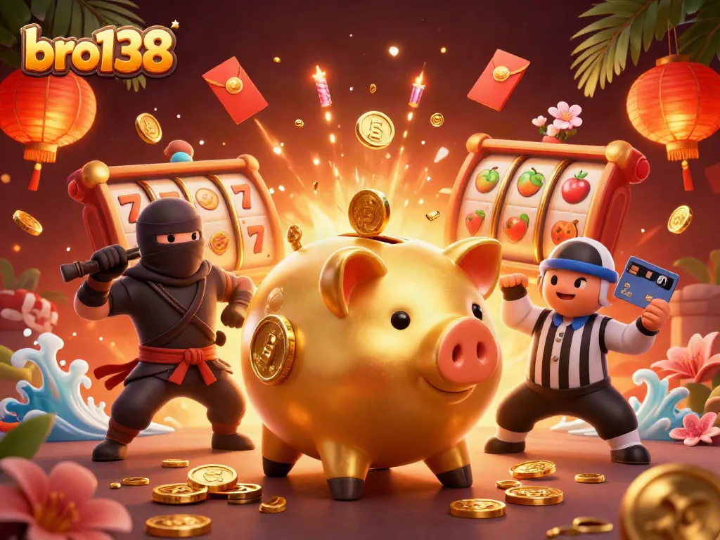 Experience the thrill with bro138's vibrant 3D casino illustration of fun characters engaging in games.