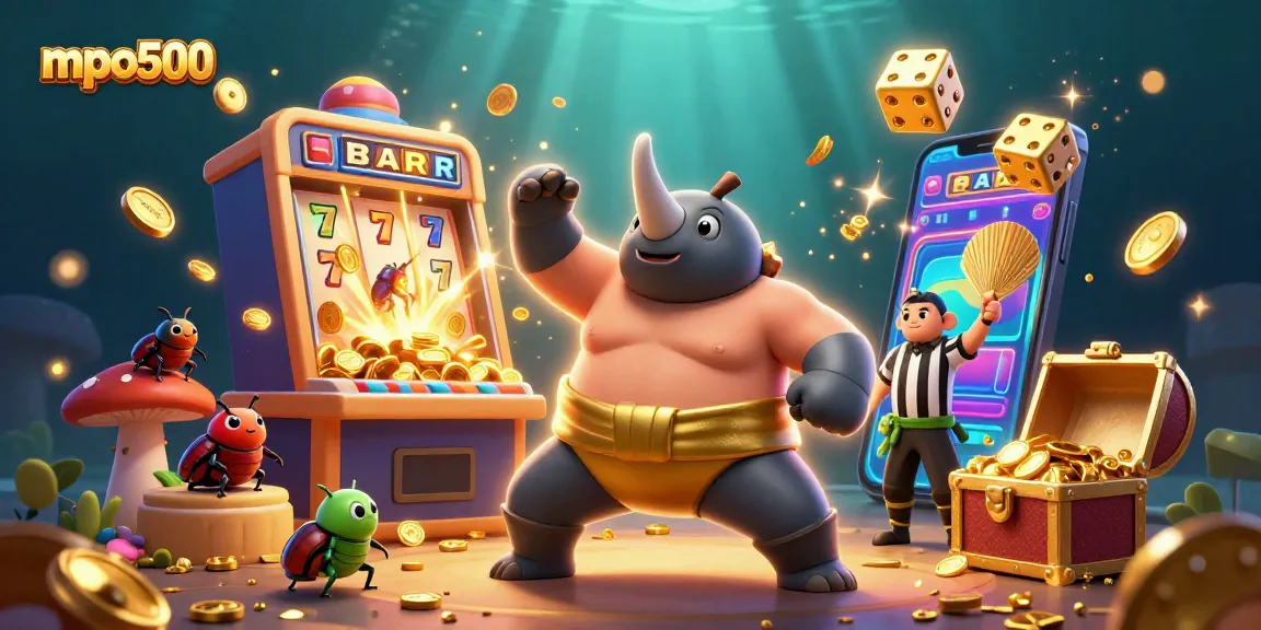 Bet on mpo500 with a sumo beetle stomping for coins amidst casino excitement.
