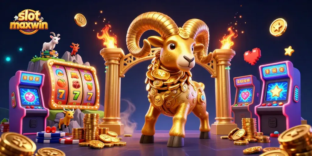 Experience the excitement of slot maxwin with this vibrant illustrated scene featuring a golden ram and iconic gaming elements.