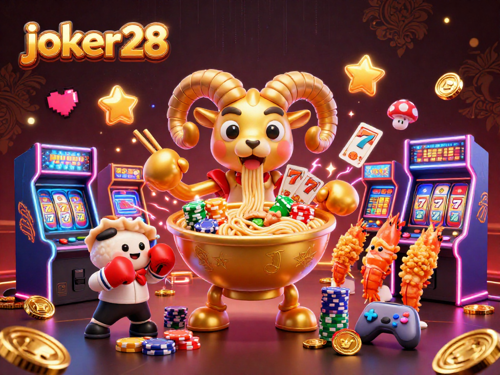Permainan slot gacor joker28 dengan karakter kartun unik dan elemen kasino yang menarik.