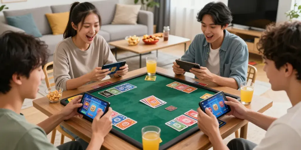 Players enjoying the exciting multiplayer gaming experience of 3 Patti No1 in a lively home environment.