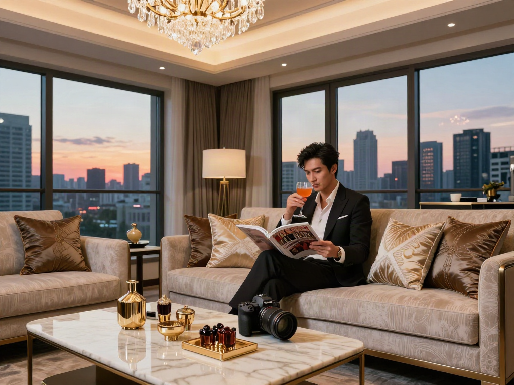 Interior ruang tamu LUXURY 111 yang elegan dengan pemandangan kota yang menakjubkan.