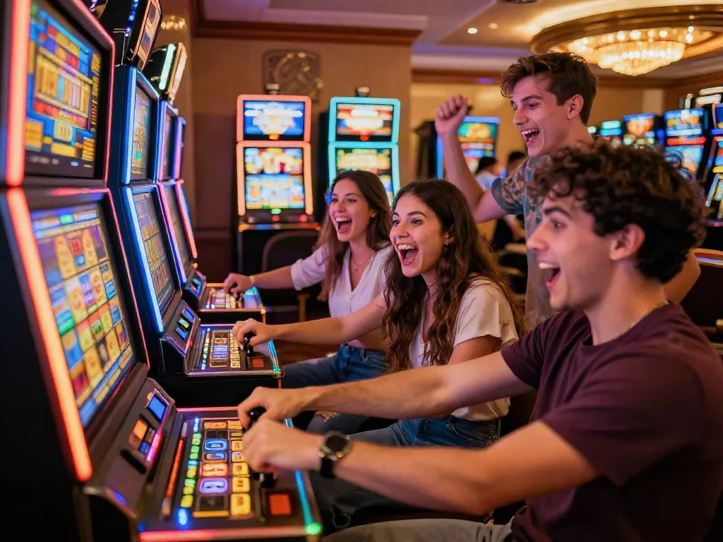 Exciting moment of friends trying ทดลองสล็อต at a casino slot machine.