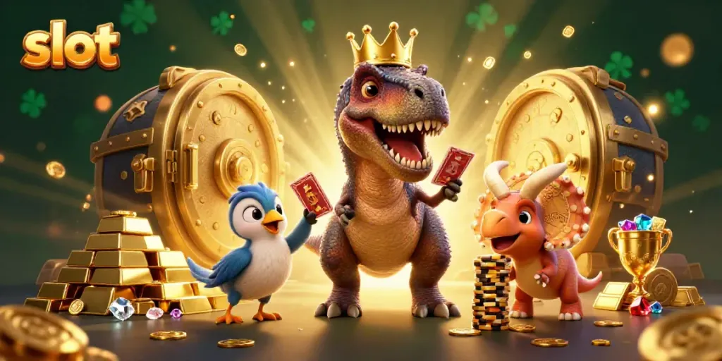 Friendly T-Rex and pals engaging with slot machine symbols in a vibrant casino scene.