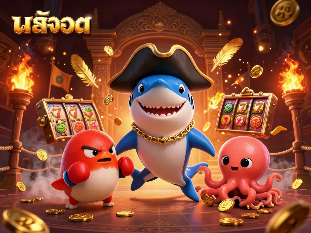 เล่นเกมสล็อต สล็อต ในภาพวาด 3D ที่สดใสและน่าสนใจ พร้อมฉลามโจรสลัดและปลาปักเป้าที่ยิ้มแย้ม