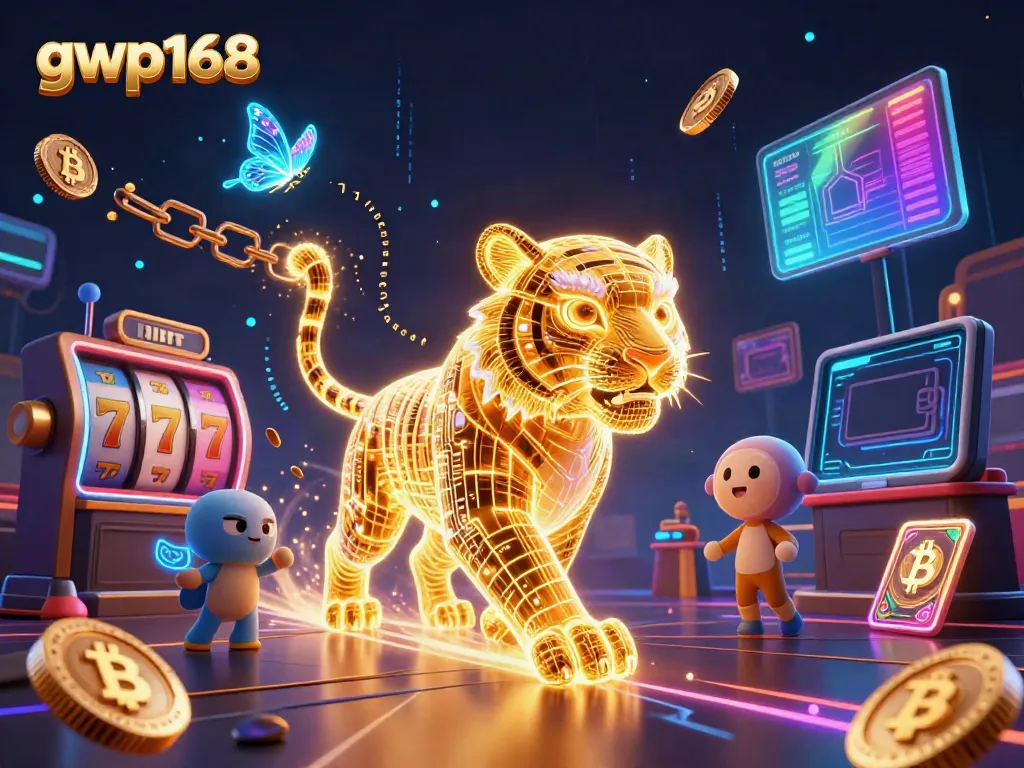 Permainan slot gacor di gwp168 dengan tiger neon dan koin kripto bersinar.