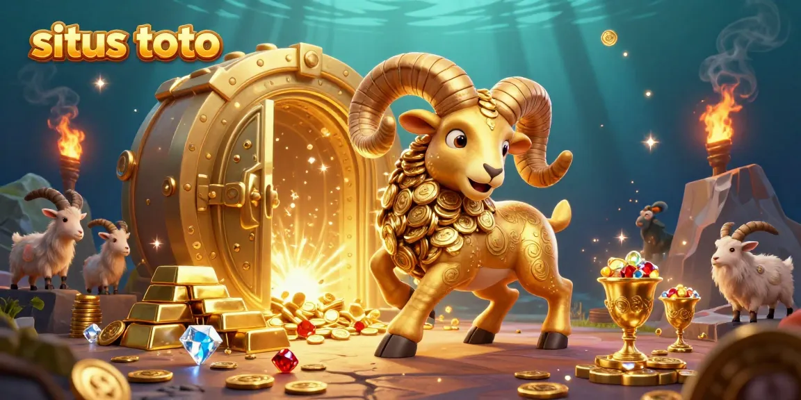 Experience the energy of situs toto gaming with a dynamic scene showcasing a golden ram charging through treasures.