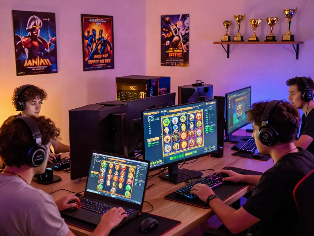 Players enjoying slot maxwin demo games in a lively home gaming setup, showcasing vibrant graphics and gaming peripherals.