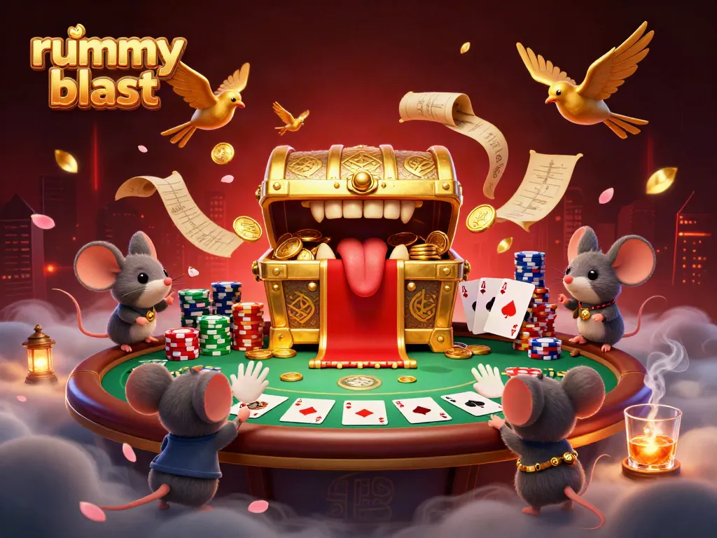 Engage in exciting card play with Rummy Blast featuring a dynamic scene of rich gameplay elements.