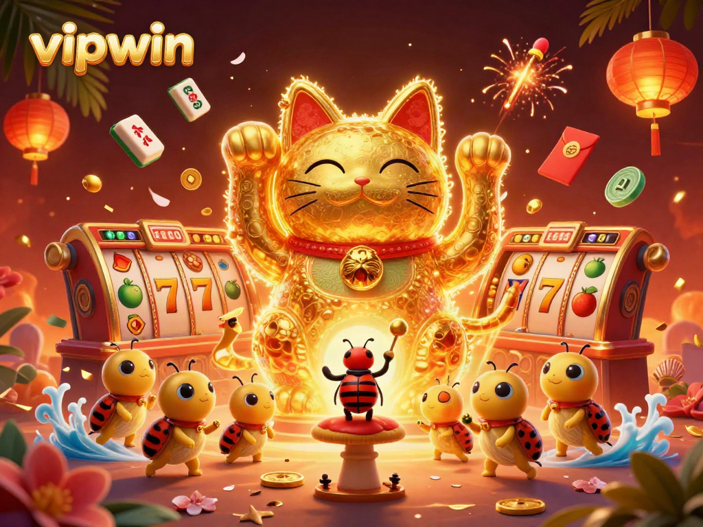 Experience the excitement at vipwin with a giant lucky cat and vibrant casino elements.