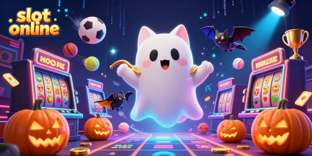 Experience thrilling slot online action with a ghost cat, vampire bat, and glowing pumpkins in a haunted casino scene.