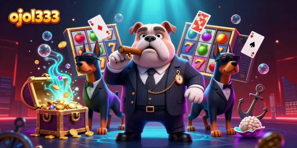 Engage with ojol333's thrilling online casino experience featuring a mafia boss and bodyguards surrounded by vibrant gambling elements.