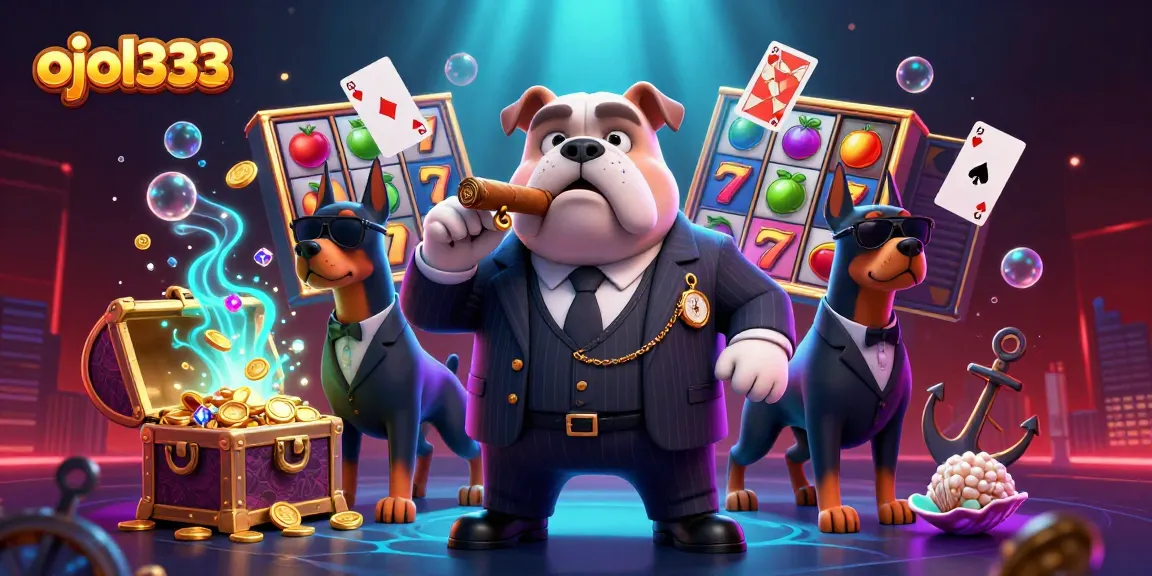 Engage with ojol333's thrilling online casino experience featuring a mafia boss and bodyguards surrounded by vibrant gambling elements.