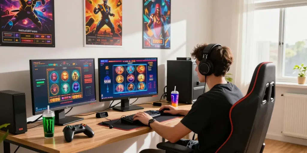 Player engaging in slot online games surrounded by gaming gear in a bright office