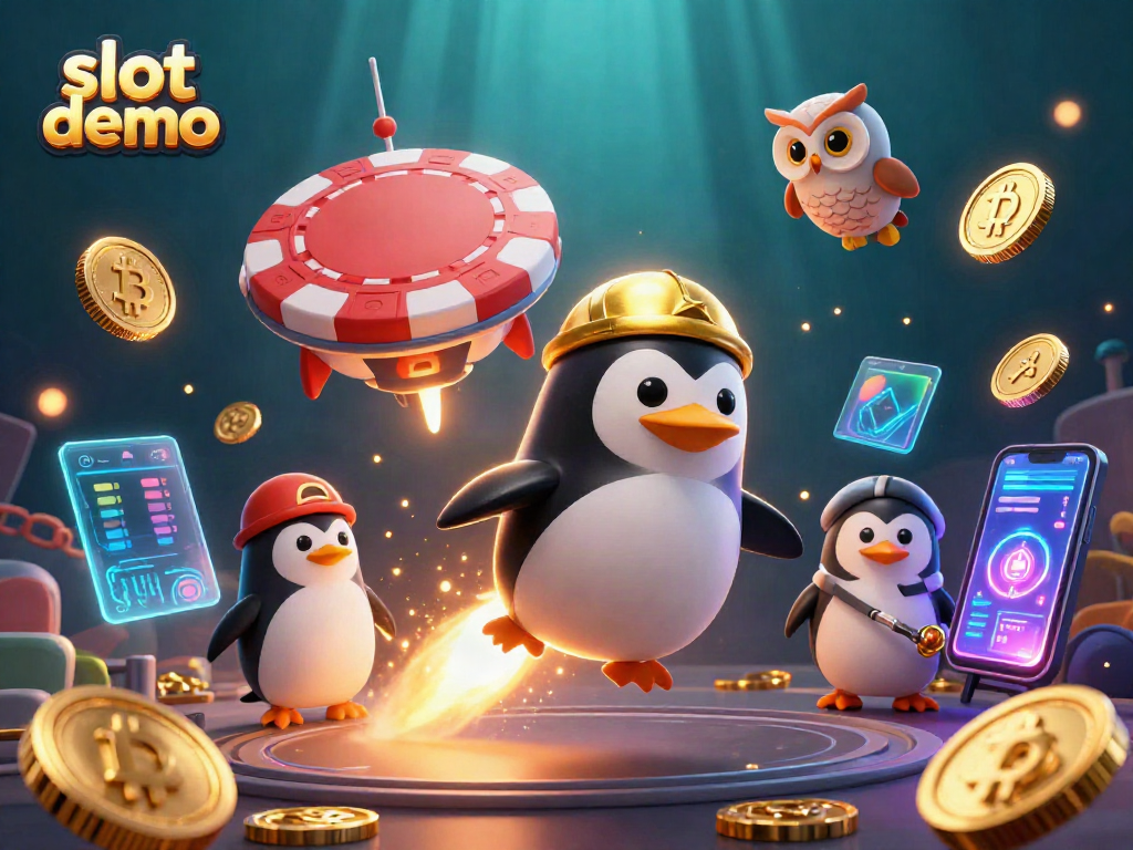 Slot demo yang menarik dengan penguin emas dan koin mengkilap di latar belakang kasino digital.
