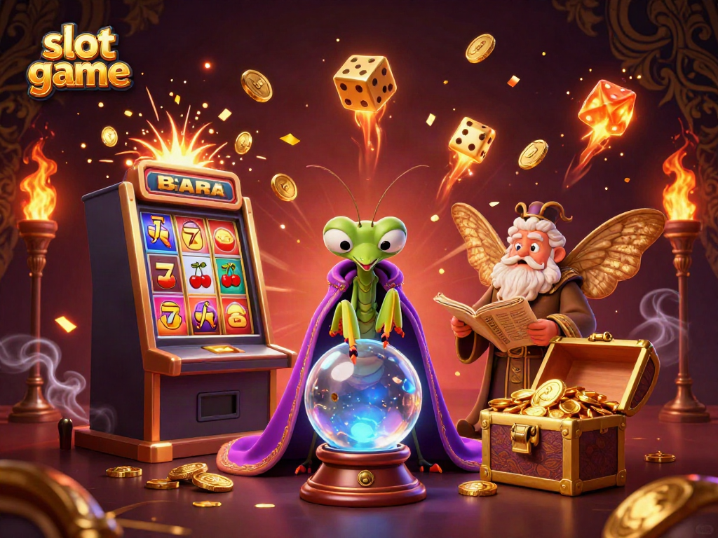 Slot game interaktif dengan karakter kartu dan mesin slot dalam ilustrasi 3D yang kaya detail.