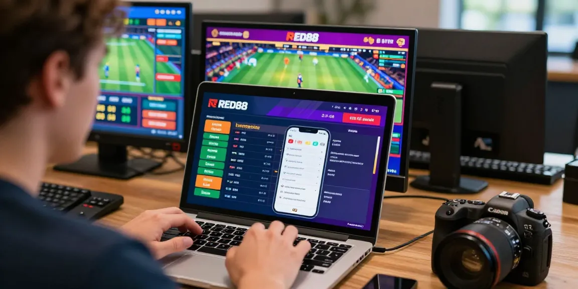 Engaged user on RED88 platform, showcasing live sports betting and vibrant game graphics in a modern atmosphere.
