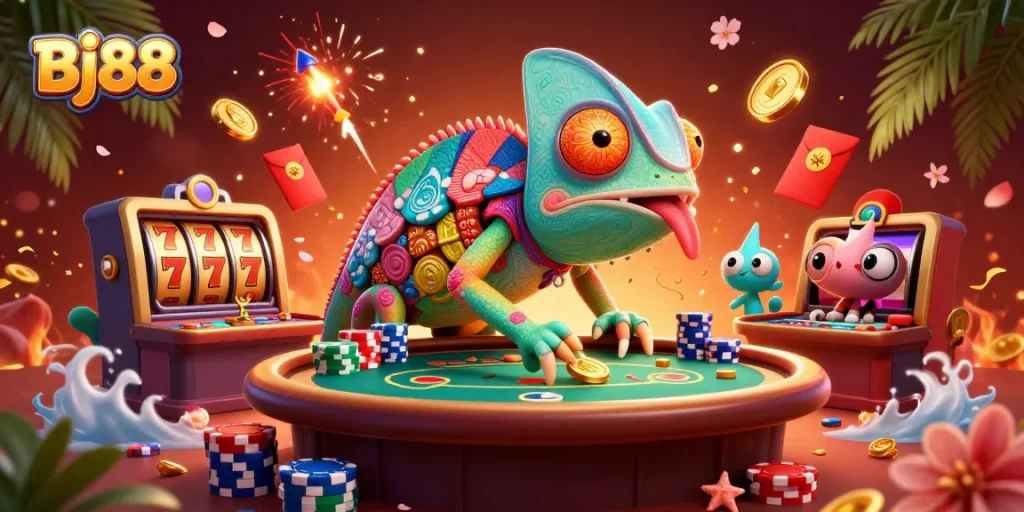 Bj88 casino chameleon owner captures golden coins at a vibrant online gaming scene.