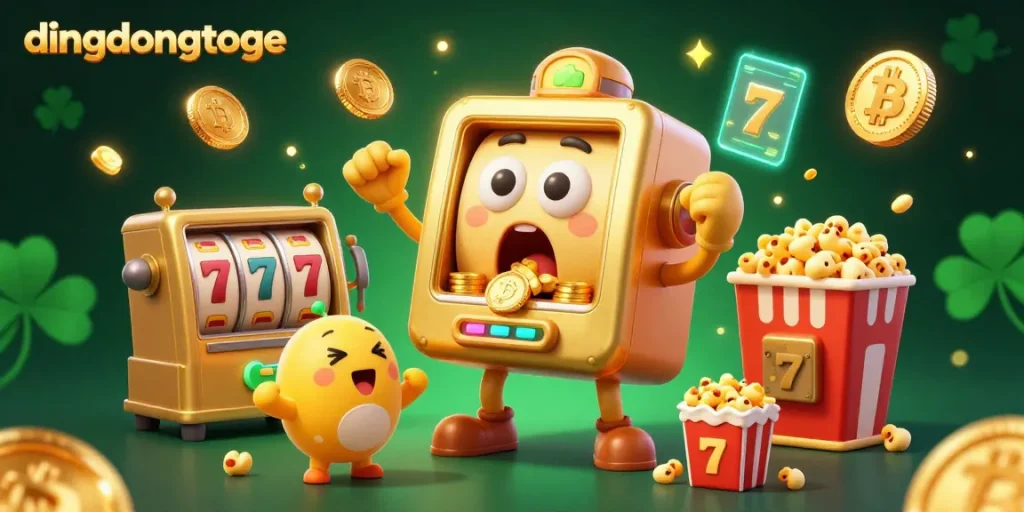 Dingdongtoge slot machine celebrating a jackpot win with cheering baby machines and Bitcoin coins.